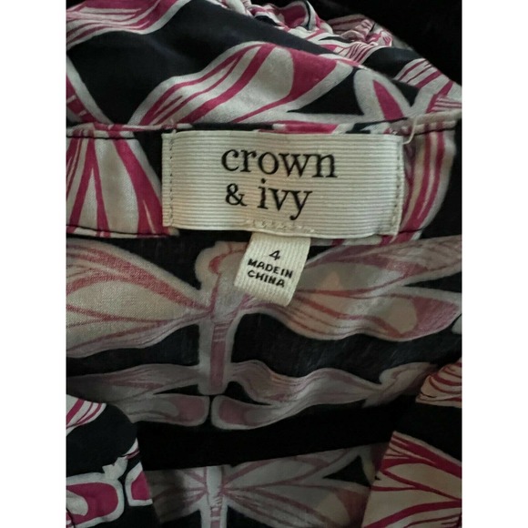 CROWN & IVY Dragonfly Dress Drawstring Waist Long Sleeve Blue/Pink Womens Size 4 - Picture 5 of 6